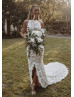 High Neck Ivory Lace Slit Floral Wedding Dress